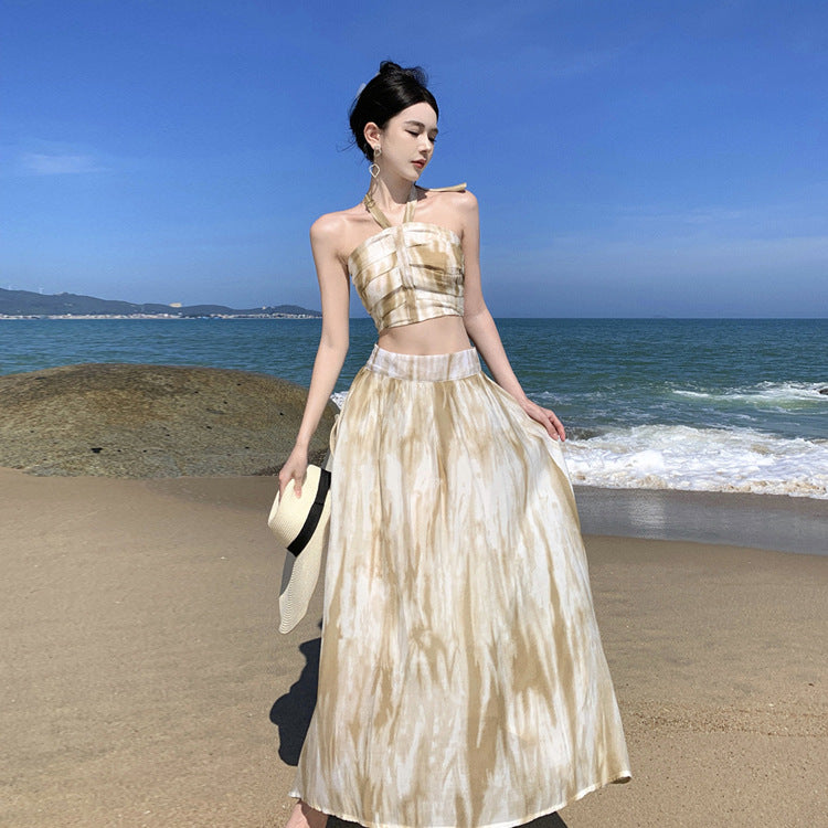 2025 Premium coffee break seaside vacation half-length dress women's summer ink tube top suspender fashionable two-piece suit