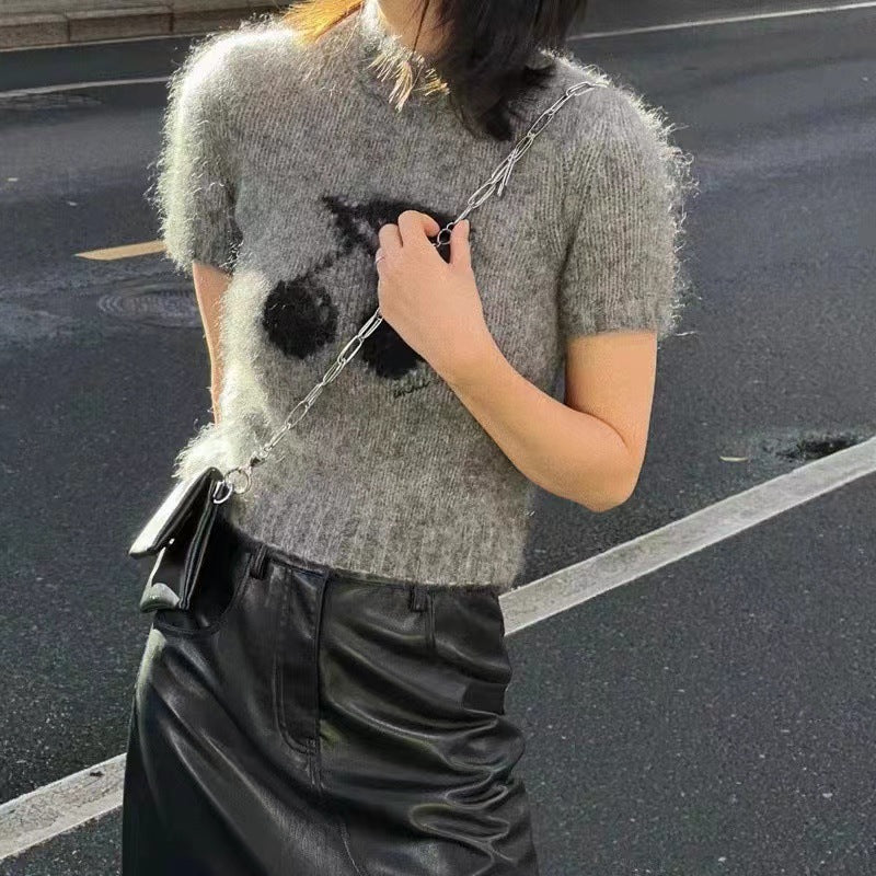 2025 24 years old early spring new mohair cherry jacquard pullover short-sleeved knitted sweater slim and thin short sweater women