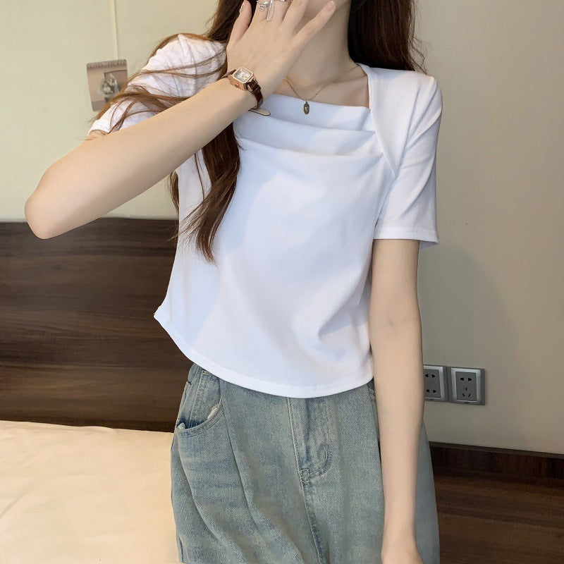 Spring women's 2025 new pink unique chic square neck short-sleeved shirt irregular pleated short top tide