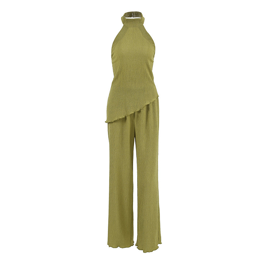 2025 spring and summer design sense green sleeveless neck vest wide pants two-piece fashion suit commuter women