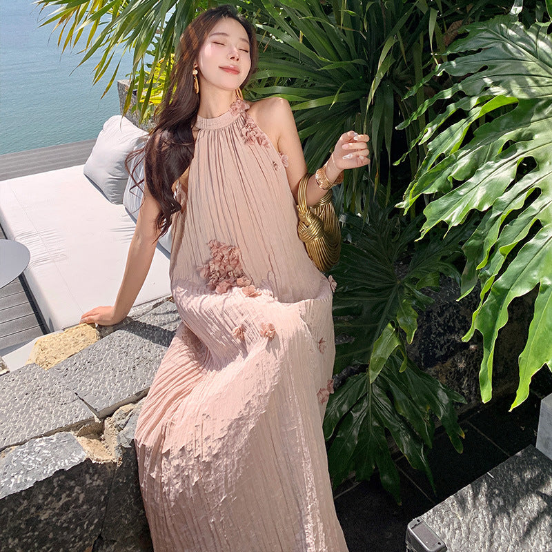 2025 retro three-dimensional petal vacation dress women's high-end pink flower niche neck off-the-shoulder long dress summer