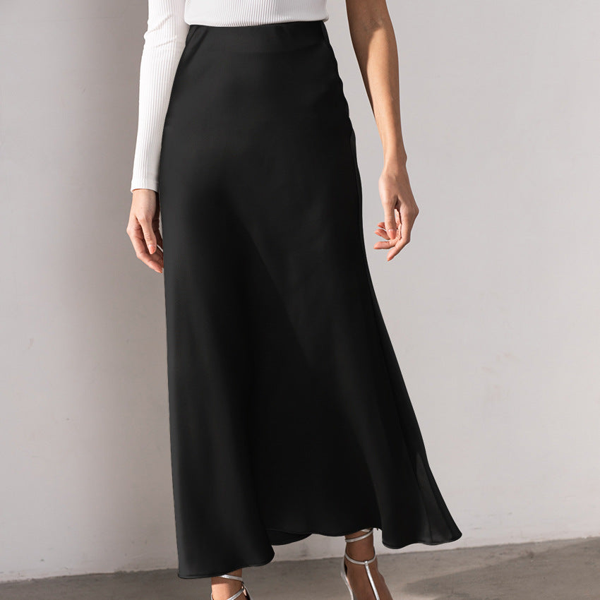 2025 autumn new high-waisted skirt silky drape medium and long skirt summer fishtail skirt ice silk purple