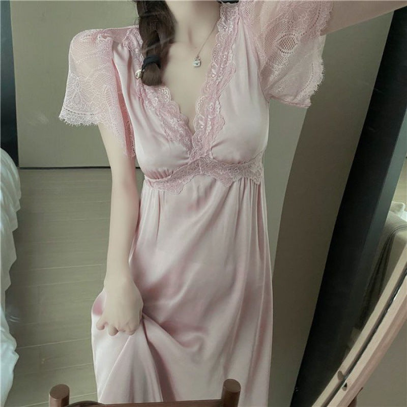 2025 Sexy short-sleeved long nightgown women's summer thin thin lace pajamas thin retro dress women's trend