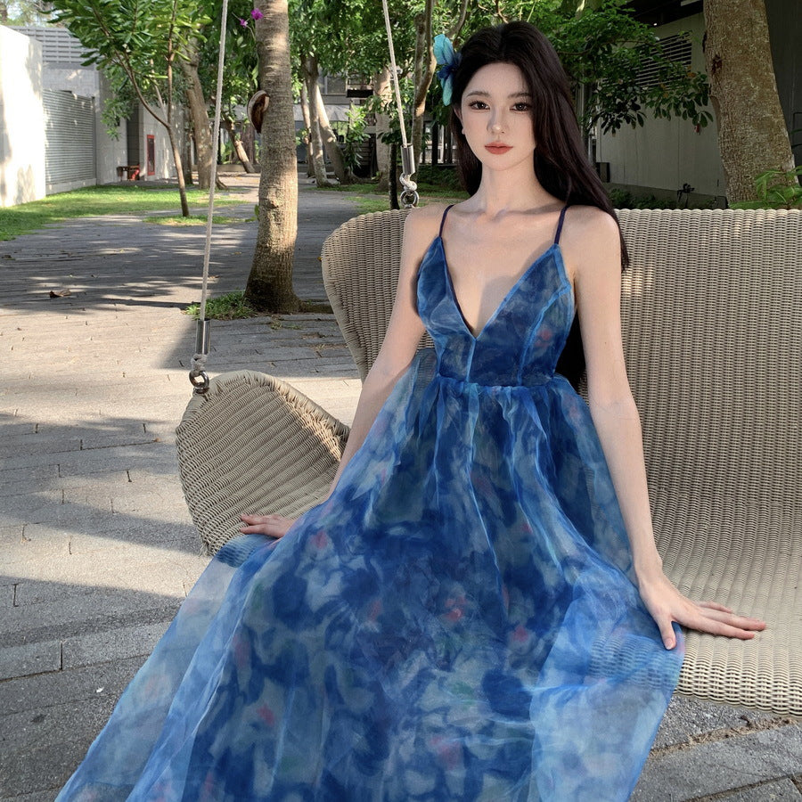 2025 Blue pure desire floral suspender dress female summer seaside vacation atmosphere sexy backless beach fairy long dress