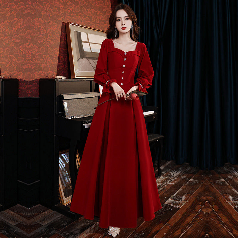 2025 Large size toast spring and summer long-sleeved burgundy waist thin engagement wedding dress thank you banquet evening dress