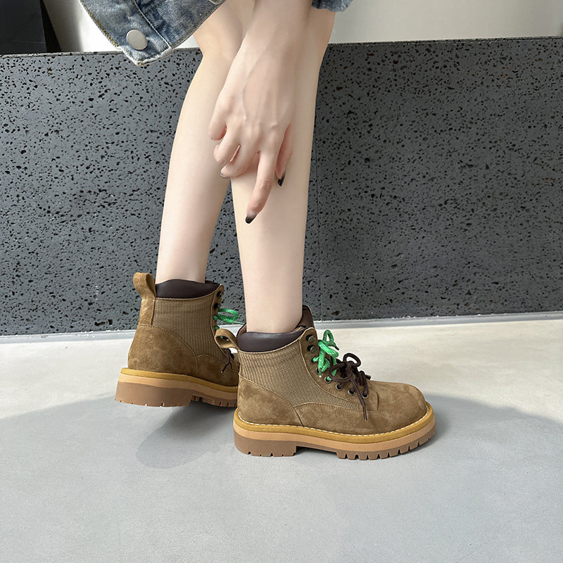2025 popular autumn and winter new thick-soled Martin boots versatile round-headed British short boots leather splicing cloth thick-soled women