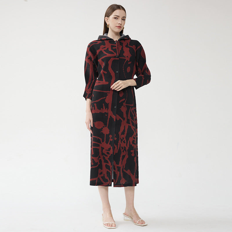 2025 spring casual print coat women's spring long-sleeved single-breasted skirt high-end hooded dress women