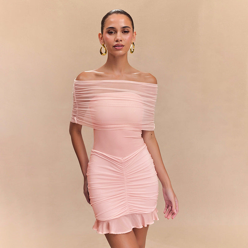 2025 G24DS351 2025 New women's clothing 2025 spring new tube top pleated mesh stitching backless slim skirt