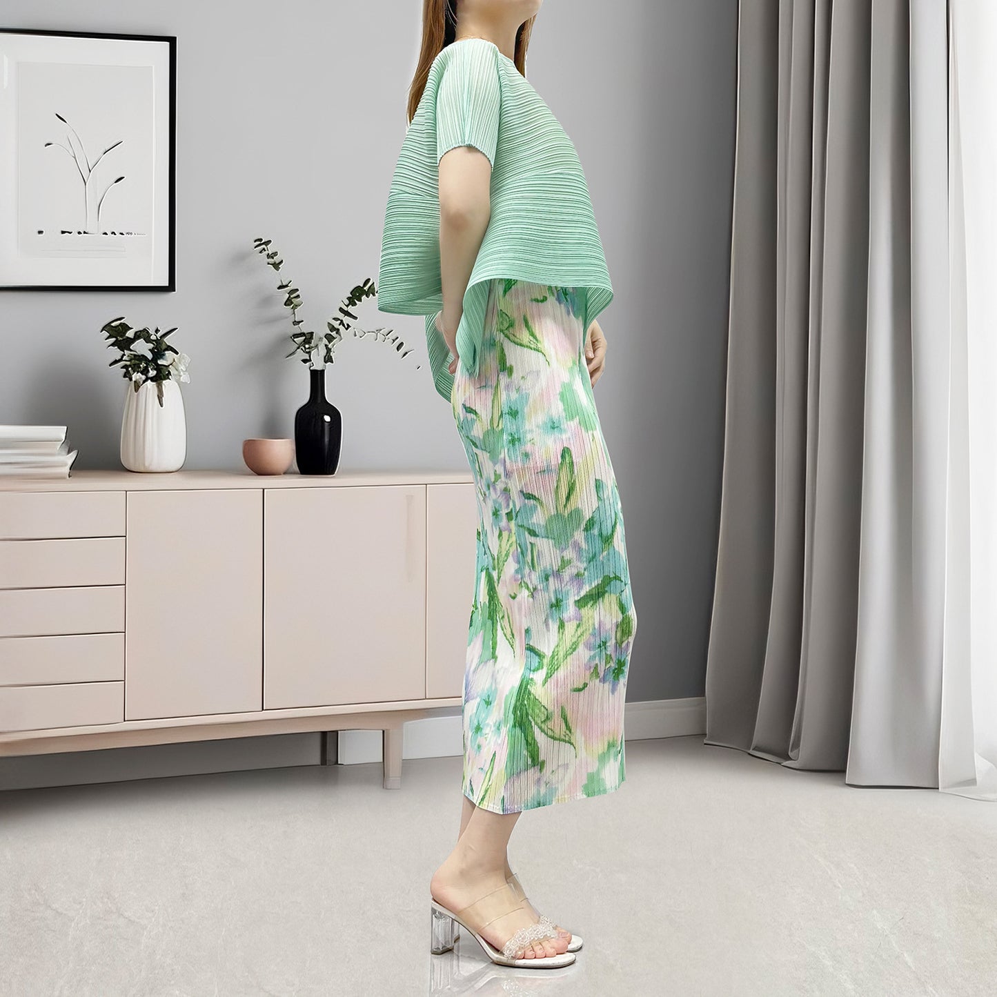 suit women's clothing high-end commuting summer popular short-sleeved T-shirt split-ended hip skirt two-piece set
