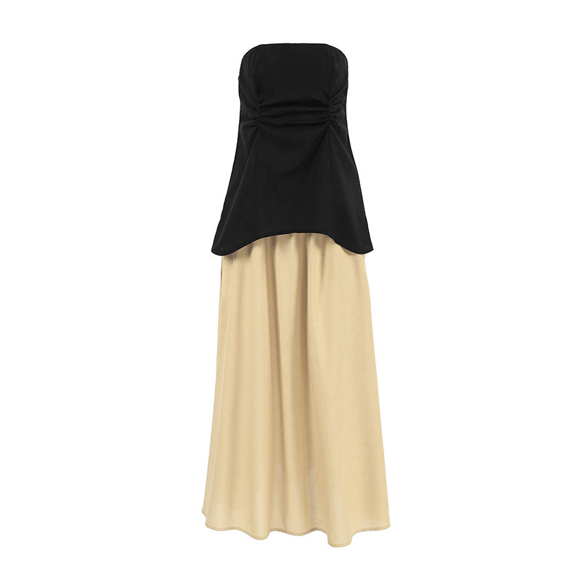 2025 spring and summer new products contrasting colors popular sleeveless cotton and linen sexy tube top slim and thin mid-waist pleated two-piece set for women