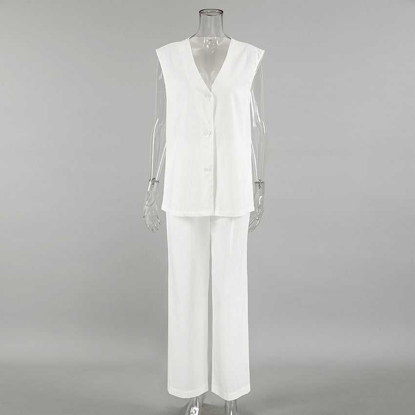 2025 White V-neck cotton and linen sleeveless vest vest trousers set spring and summer fashion new two-piece set for women