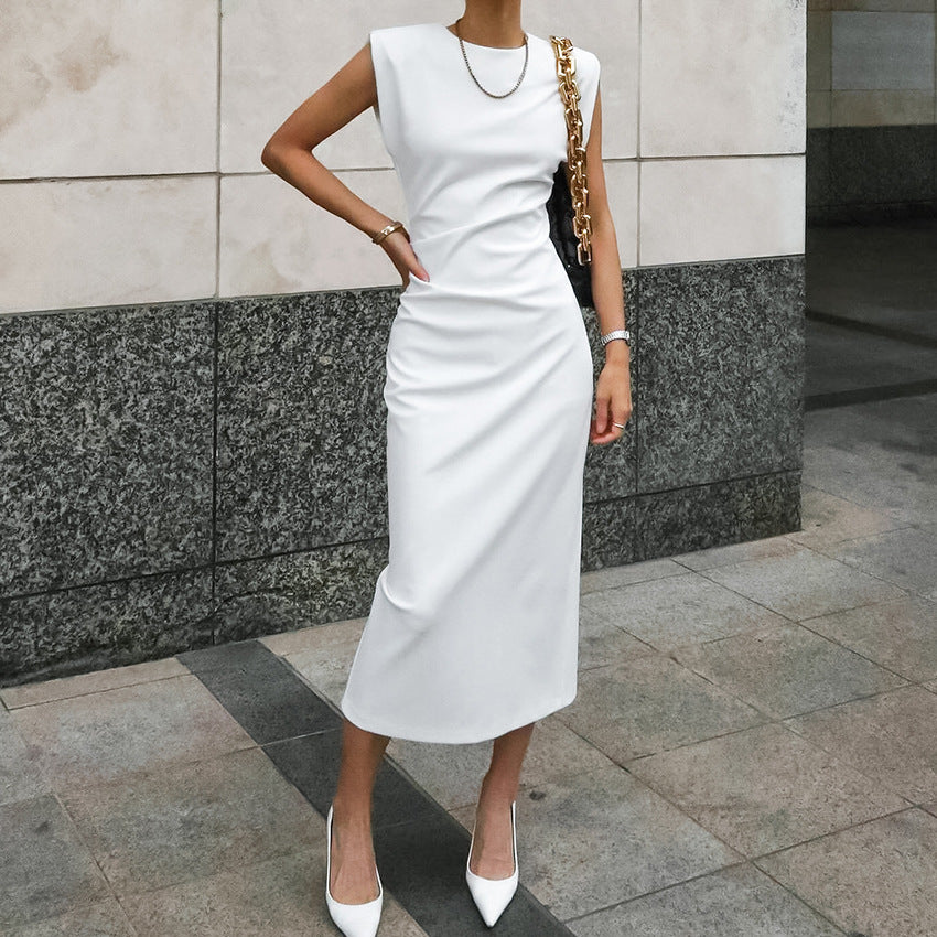 2025 classic temperament, white round neck slim-fitting sleeveless commuter split-ended dress, spring and summer fashion women's long dress