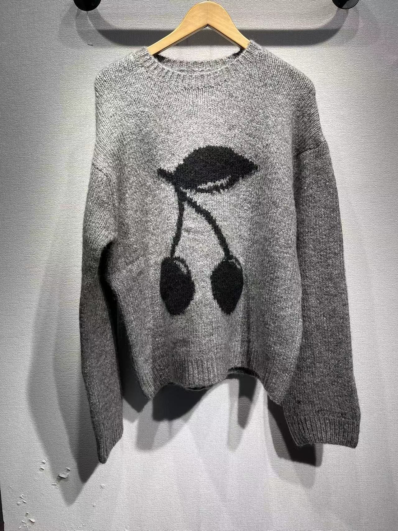 2025 Autumn and winter new mohair cherry jacquard lazy wind loose round neck long sleeve knitted sweater women's sweater top