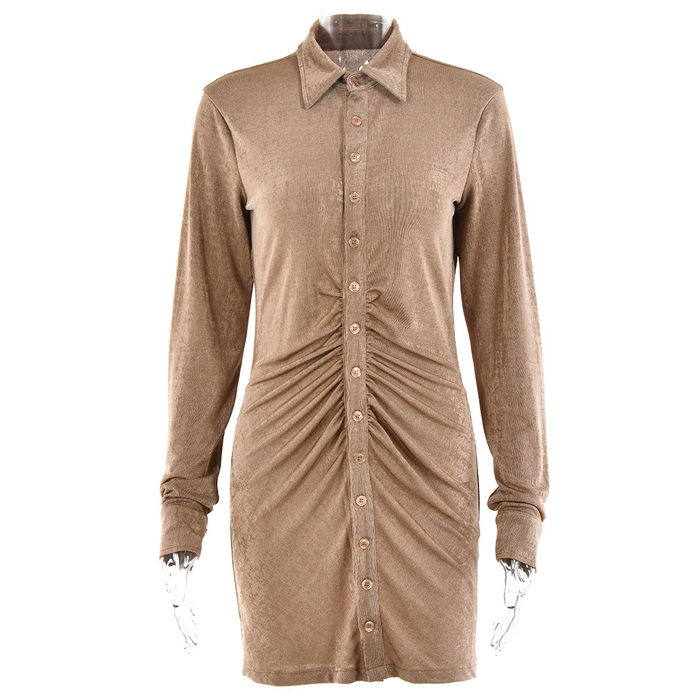 2025 Solid color dress women's summer new women's clothing Spice Girl sexy long-sleeved lapel single-breasted cardigan short skirt