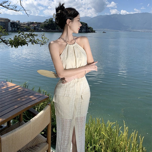 2025 New Chinese Spice Girl Sexy Pure Desire Suit Female Summer Sanya Tourism Seaside Vacation Neck Dress Super Immortal