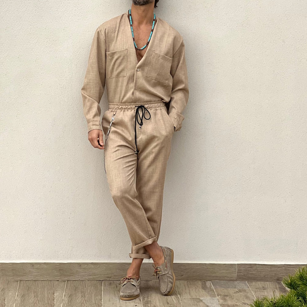 sanyamk Casual Cotton and Linen Suit Men's Casual Summer Vacation Solid Color Short-sleeved Shirt Straight Trousers Two-piece Set