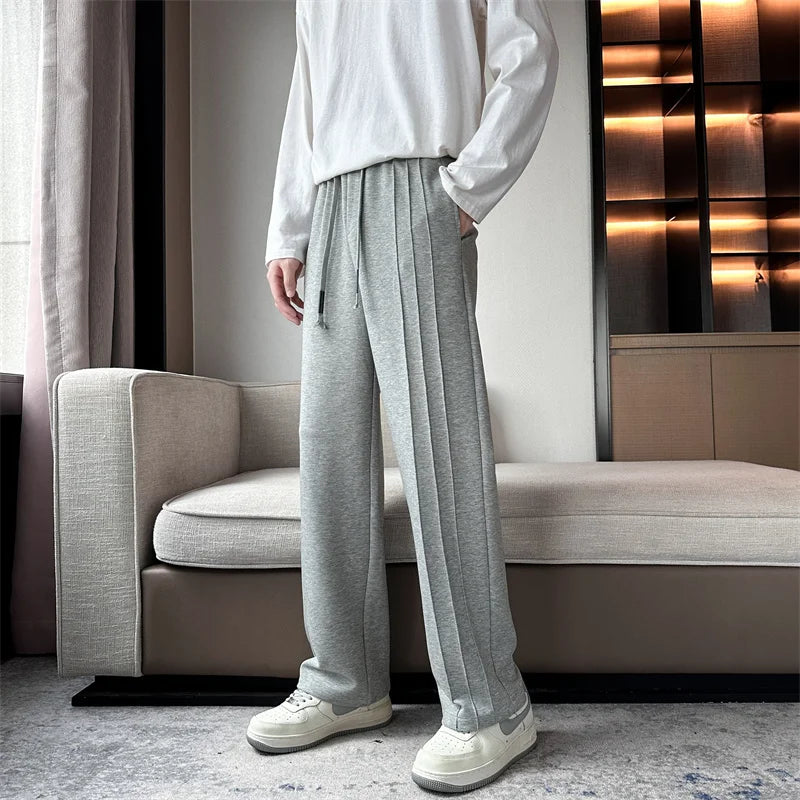 BONSIR - Mens Casual Long Straight Pants Solid Wide Leg Stretch Waist Sweatpants Side Stitching Waterfall Trousers Male Black White