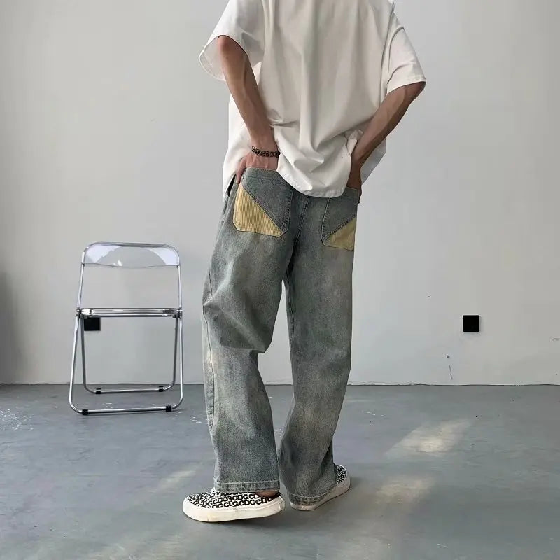 sanyamk Lazy Style Men Jeans Korean Hip Hop Patchwork Oversized Straight Jean Pants Streetwear All-match Denim Pants Light blue jeans