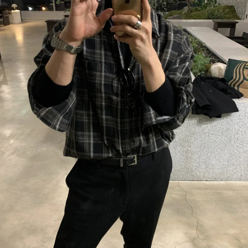 sanyamk Korean Plaid Shirt Men Oversized Fashion Retro Casual Shirt Men Streetwear Loose Long Sleeved Shirt Mens Black Vintage Shirts