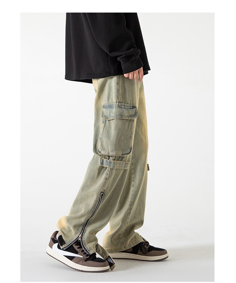Bonsir Baggy Cargo Jeans big pocket Trousers Male Denim Pants Flared Pant women's Jeans Loose Casual Streetwear Hip Hop Harajuku