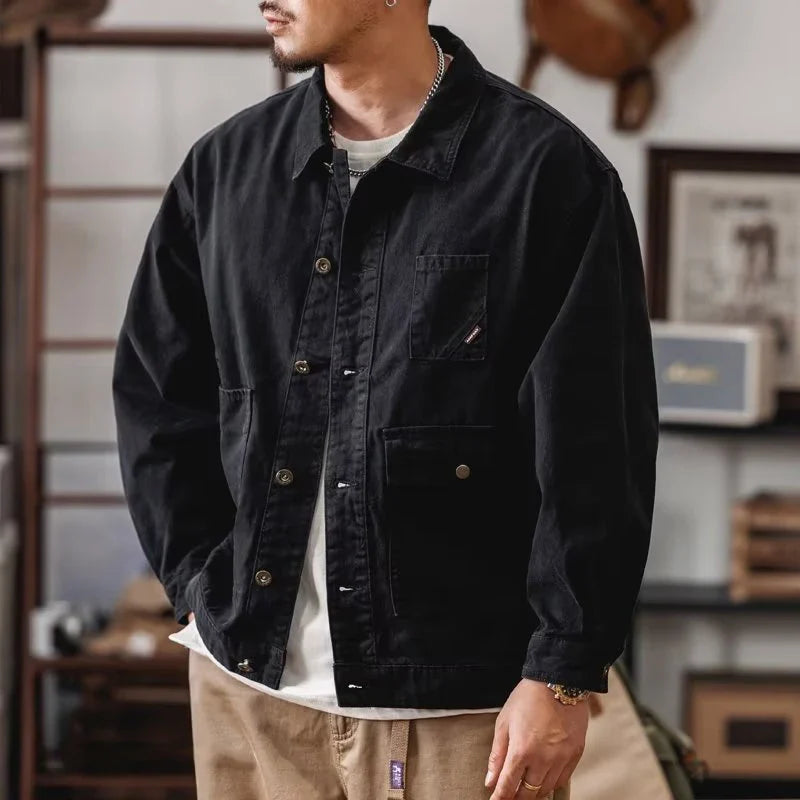 BONSIR - Vintage Patch Pockets Cargo Shirt Mens Jackets Casual Long Sleeve Button Lapel Jacket Coat Streetwear Men Clothes Outerwear Fall