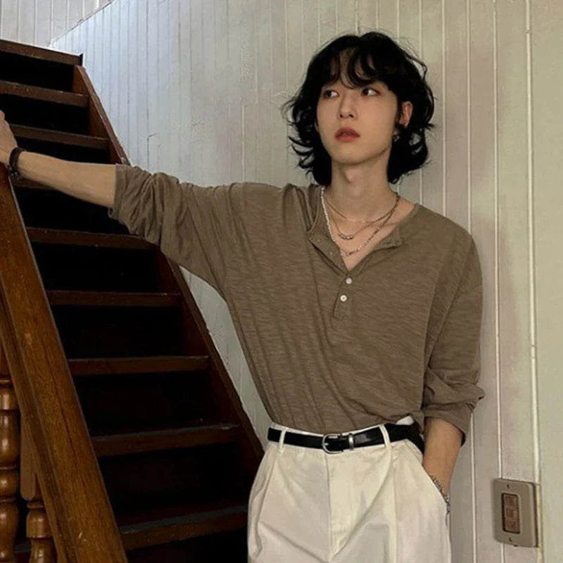 sanyamk - Korean Style Men's T-shirts Loose Button Design Pullover Tops Casual Solid Color Long Sleeve Male Tees Simple New 9C6913