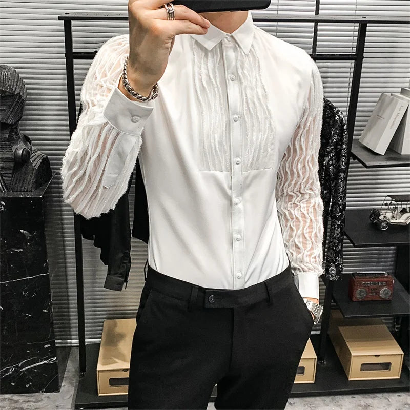 Bonsir Lace Hollow Shirts for Men Long Sleeve Slim Fit Streetwear Social Party Blouse Nightclub Singer Dj Clothing Camisas Para Hombre