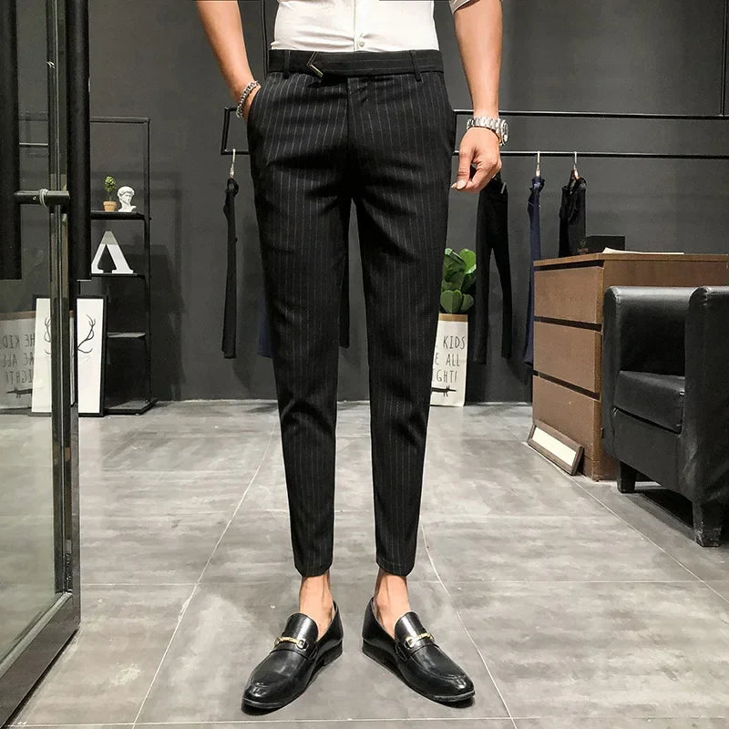 sanyamk - British Style Suit Pants Men Dress Pants Social Slim Fit Office Trousers Men Grey Spring New Striped Belt Trousers Men's