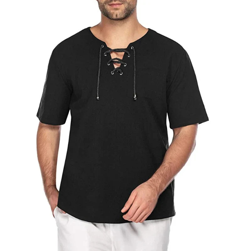 sanyamk - Summer Daily Leisure Cotton Linen T Shirt Men Vintage Drawstring V Neck T-shirts Casual Solid Color Short Sleeve Mens Pullovers