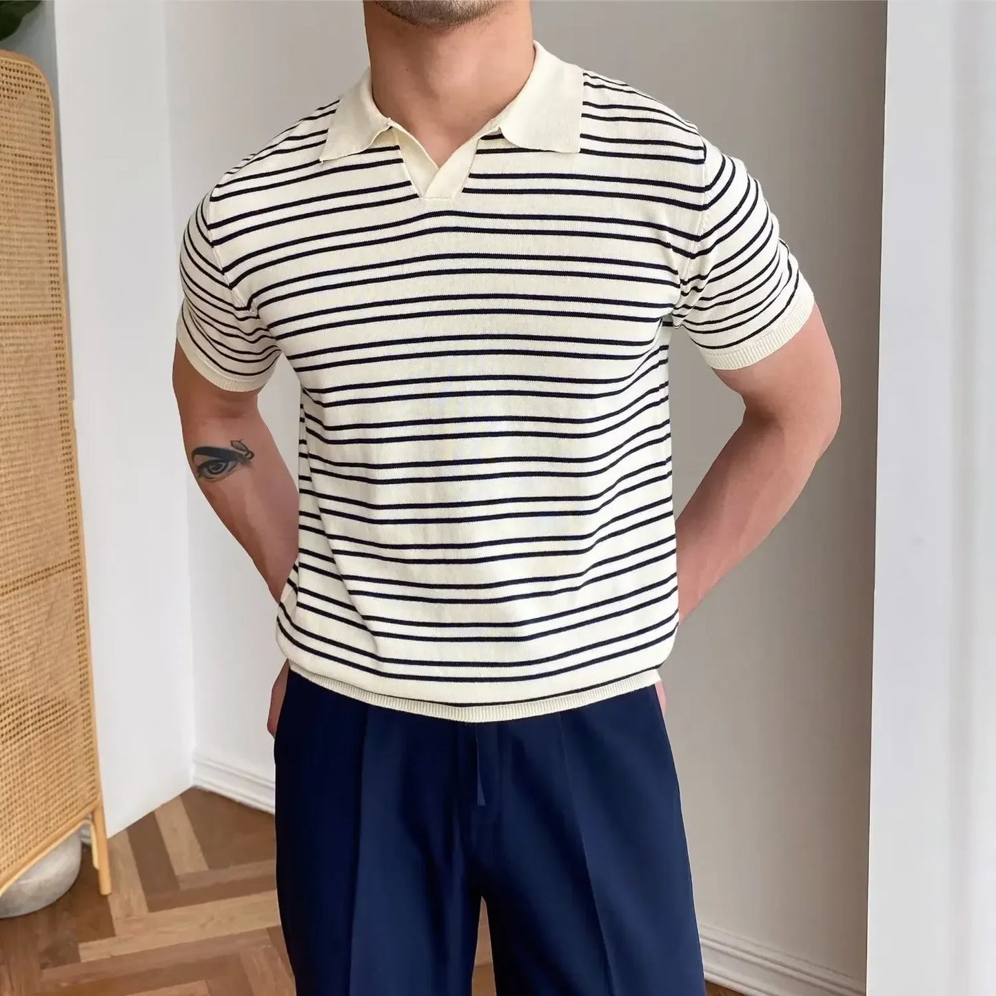 sanyamk - Mature Men Clothing Summer New V-neck Striped Knitted T-shirts for Men Short Sleeve Trend Simple Fashion Lapel Polo Shirts