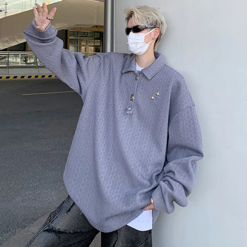 sanyamk - American Style Men's T-shirts Loose Metal Pattern Design Turn-down Collar Long Sleeve Casual Male Tees Strylish 9C6599
