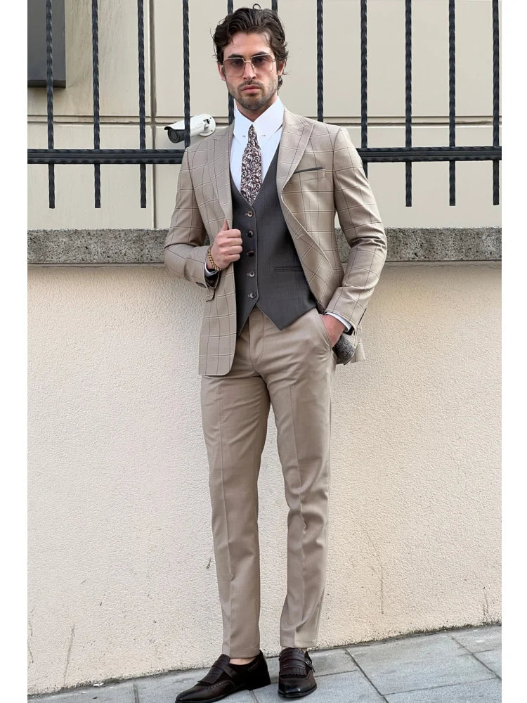 sanyamk Beige Men Suit 3 Pieces Plaid Jacket Gray Vest One Button For Wedding Birthday Business Casual Set Jacket Vest With Pants
