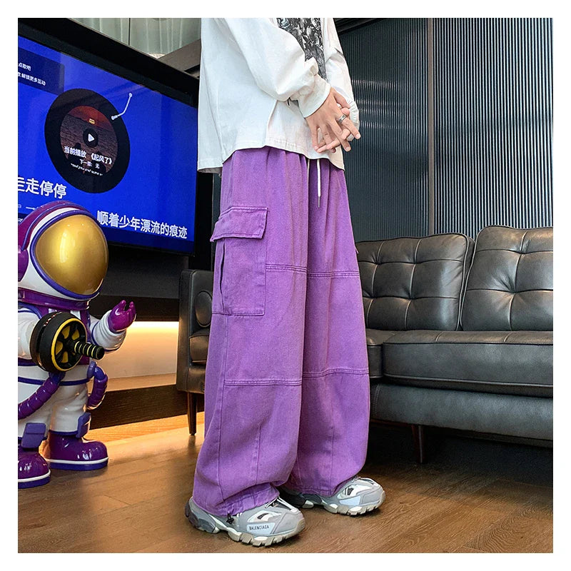 BONSIR - Multi-Pocket Washed Cargo Pants Men Women Y2K Vintage Streetwear Loose Oversized Straight Wide-Leg Jeans Dark Green/Purple