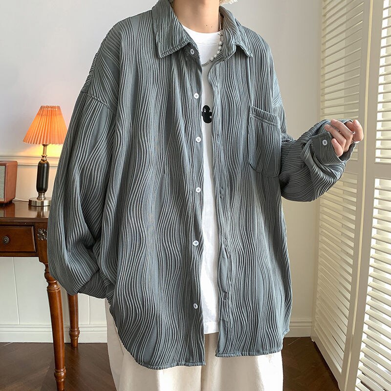 Bonsir Autumn Pleated Shirt Men Fashion 4-color Casual Ice Silk Shirt Mens Japanese Loose Long-sleeved Shirt Mens Large Size M-5XL
