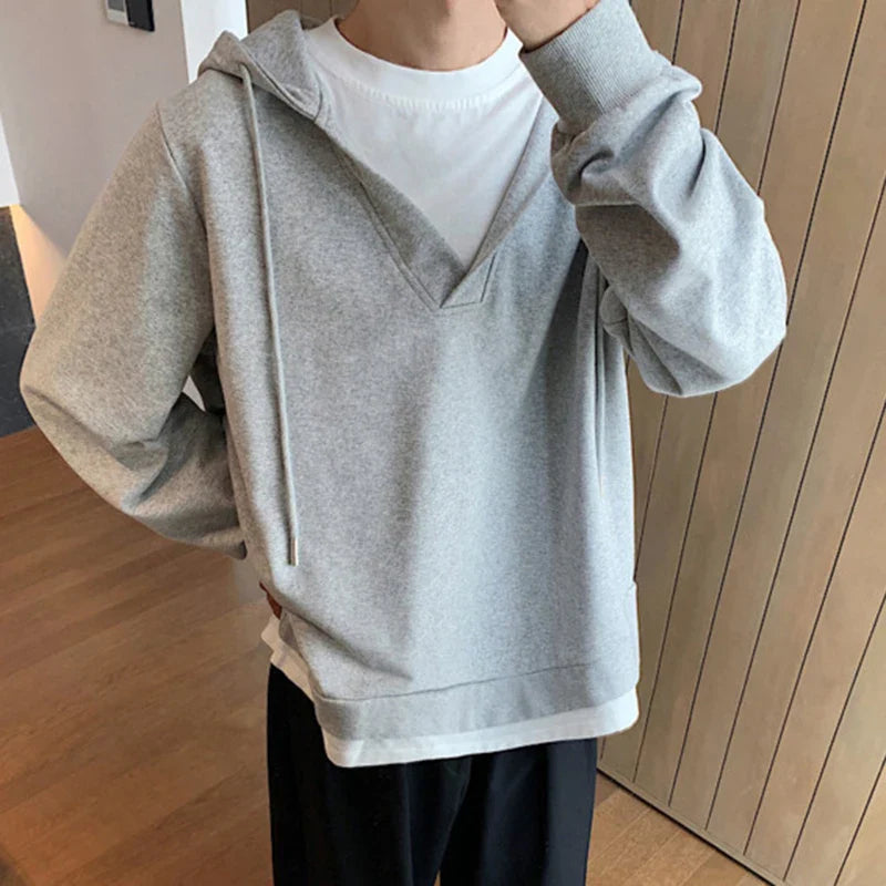 sanyamk - American Style Men's Hoodies Fake Two-piece Hooded Drawstring Loose Solid Color Casual Pullover Male Sweatshirts New 9C7274