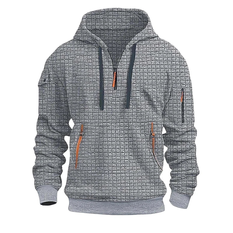 sanyamk - New Casual Mens Waffle Plaid Hoodies Spring Fall Fashion Patchwork Pockets Zipper Hooded Sweatshirts For Men Sports Hoodie Tops