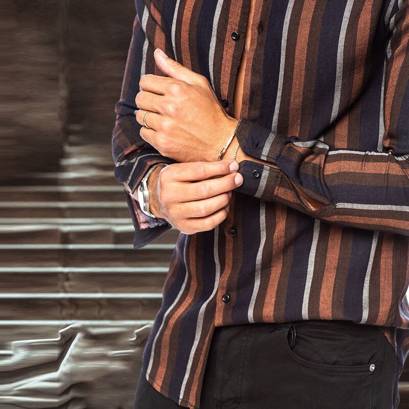Bonsir Autumn Casual Men Clothes Vintage Striped Print Shirts Long Sleeve Turn-down Collar Button-down Tops Mens Spring Fashion Shirt