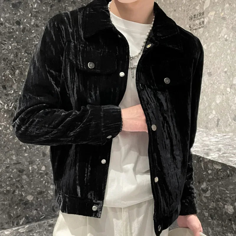 BONSIR - Autumn Winter Steetwear Windbreaker Pocket Outwear Ropa De Hombre Golden Velvet Trench Coat Casual Short Jacket Solid Color Coat