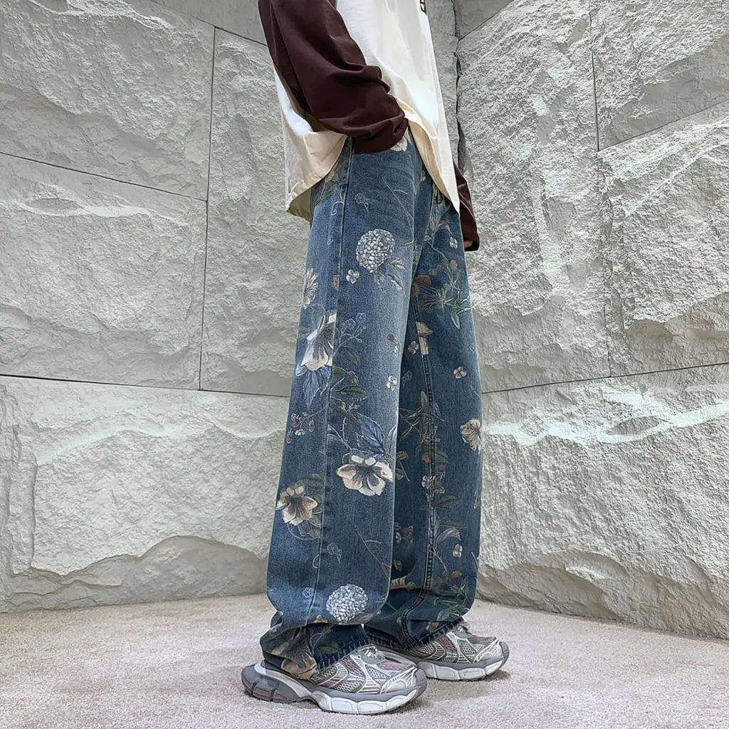 sanyamk Autumn Men Fashion Printed Jeans Denim Male Harajuku Trousers Korean Style High Street Loose Hip Hop Woman Wide-leg Jean Pants