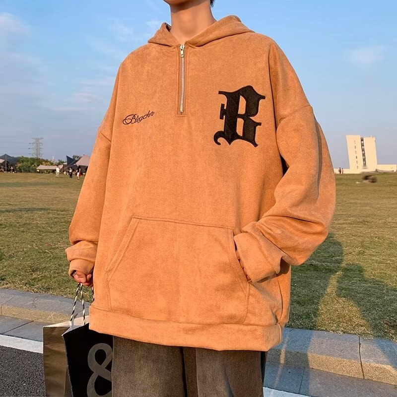 sanyamk Vintage Men's Hoodie Suede Sweatshirt Letter Embroidery Harajuku Autumn Casual Pullover Women Half Zipper Hip Hop Hooded