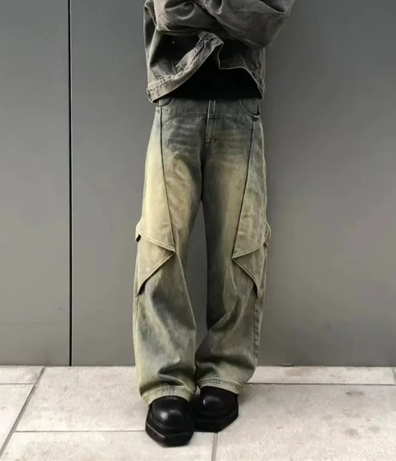 sanyamk American High Street Variable Trouser Shape Micro Flare Jeans Men's High Waist Loose Draping Wide Leg Floor Dragging Long Pants