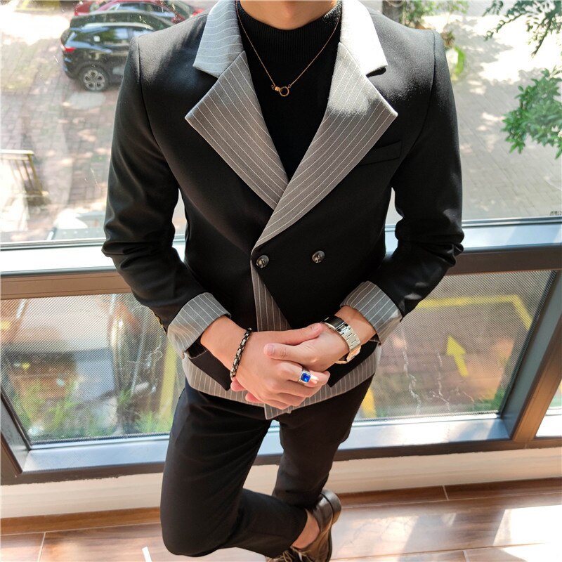 sanyamk Korean Patchwork Suit 2 Piece Suit Blazer Men Suit Set Slim Fit Tuxedo Suit Blazer Suit Men Stylish Blazer Stage Party Club