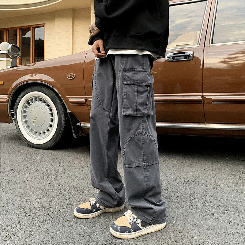 sanyamk Wide Leg Jeans Men Safari Style Washed Vintage Japanese High Street Retro Spring Autumn All-match Full Length Chic