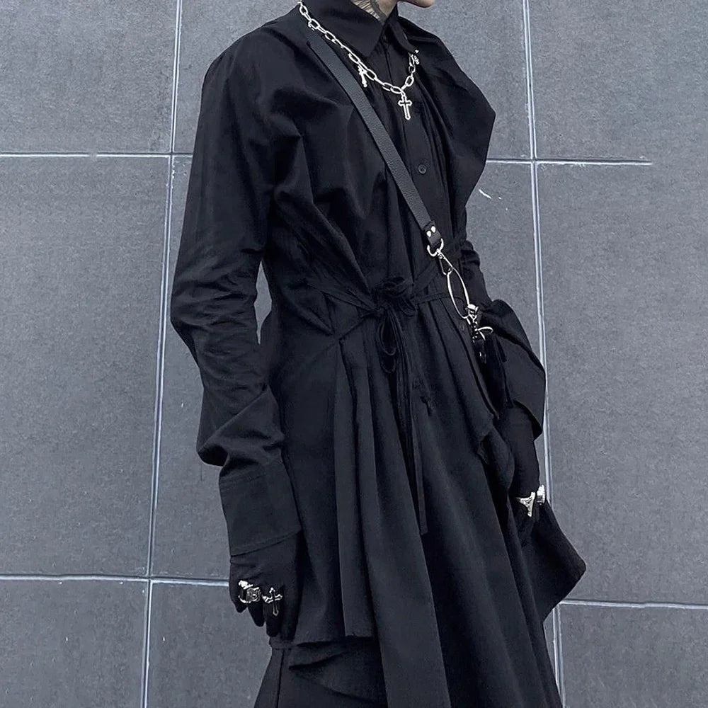 sanyamk Dark Abstinence Long Shirt Men's Simple Personality Strap Shirt Trendy Punk Solid Color Irregular High Street Cardigan Jacket