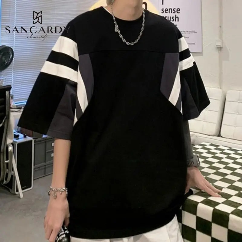 Bonsir Men Clothing Summer Trendy Streetwear Oversized Contrast Color Short Sleeve T-shirt Youth Korean Casual O Neck Hip Hop Y2K Tops