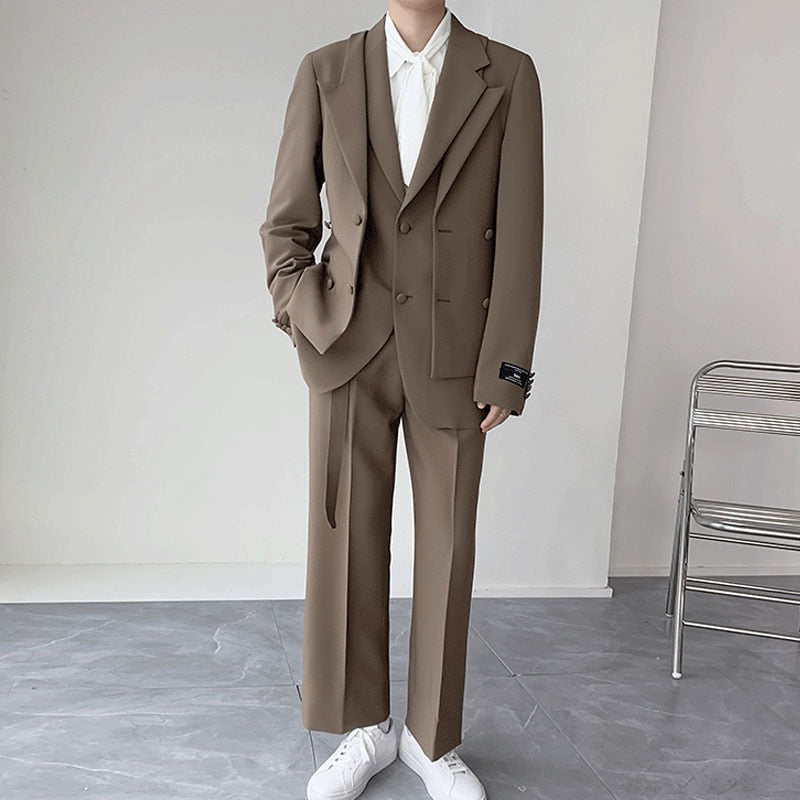 sanyamk Double Collar Design Suits Sets Men Fashion Show Korean Office Business Casual Suits Blazer Jacket Pant Streetwear Suits Man