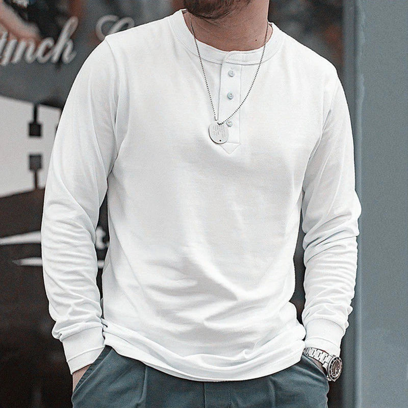BONSIR - 2024 Spring Casual Cotton Henley Shirts For Men Autumn Fashion Buttoned Crew Neck Pullover Tops Mens Clothes Pure Color T Shirt