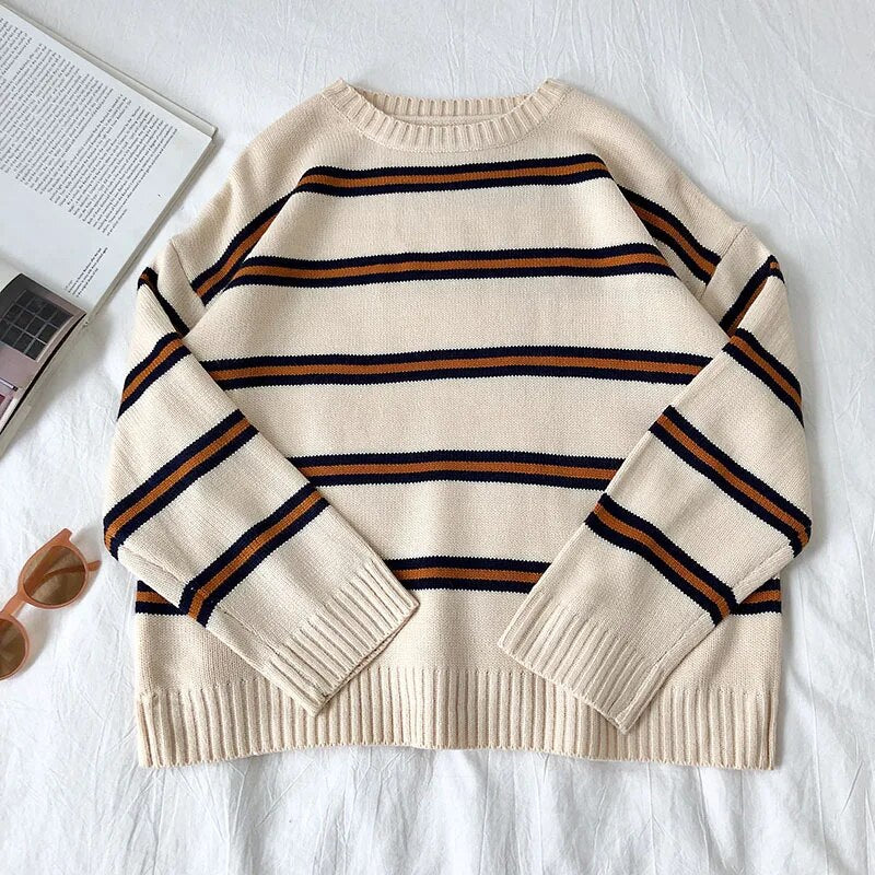 Bonsir Vintage Stripe Sweaters Women Loose Oversize Korean Style Pullover Top Autumn Winter Long Sleeve Knitted Sweater Femme