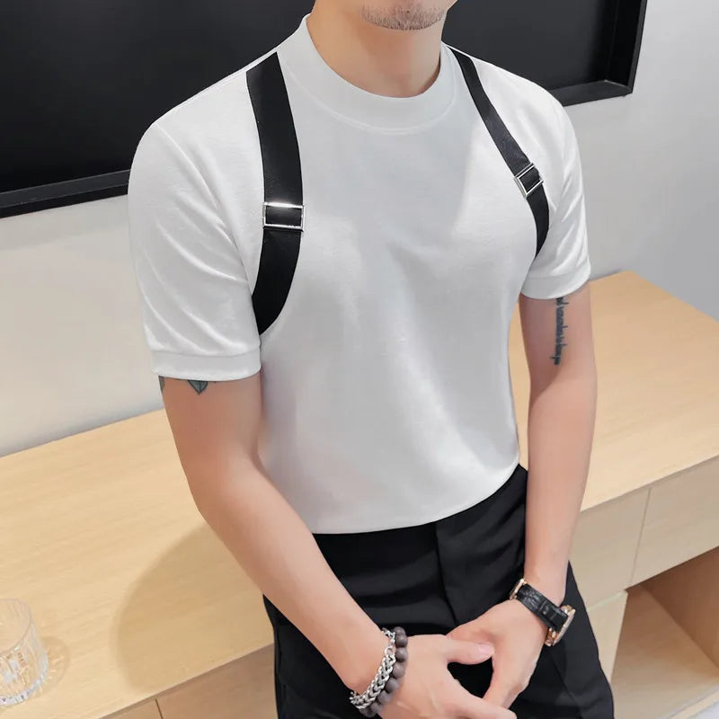 sanyamk - Chic Men's Straps T-shirts Short Sleeve Tee Black White Cotton Stretch Casual Slim FIt Clothing Fashion Summer Tops Man