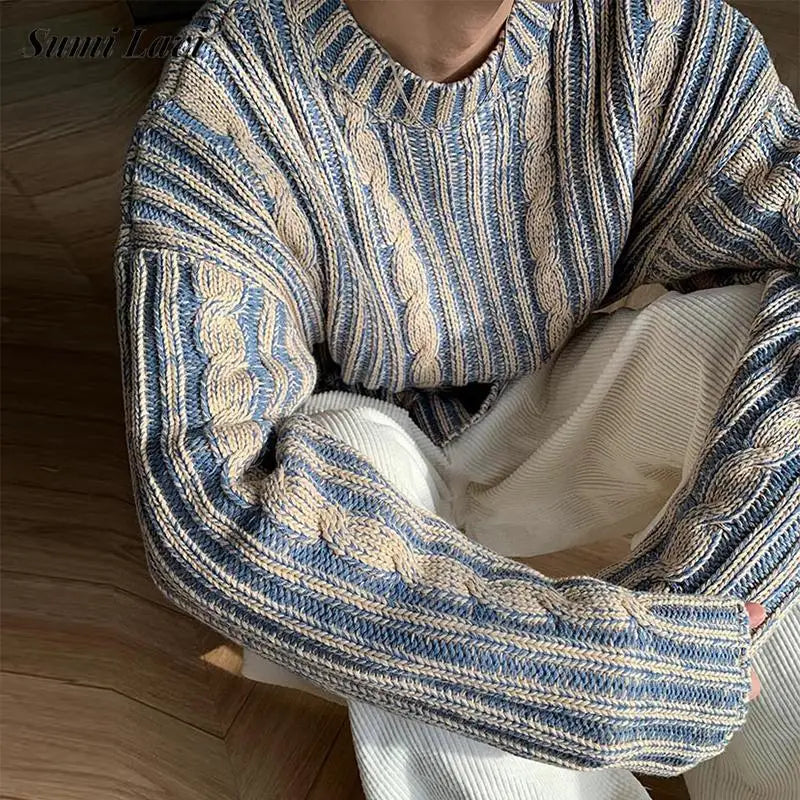 sanyamk - Fashionable Striped Knitting Sweaters Men Autumn Streetwear Y2K Loose O Neck Long Sleeve Knit T-shirts Mens Vintage Sweater Tops